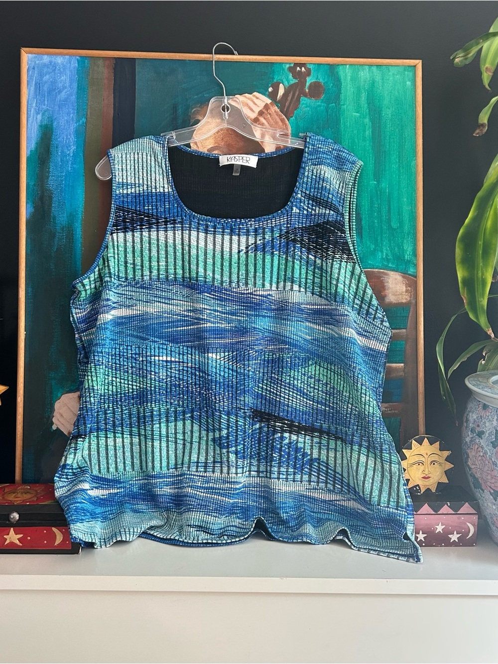 Kasper Blue Green Abstract Print Sleeveless Top Plus Size 3X